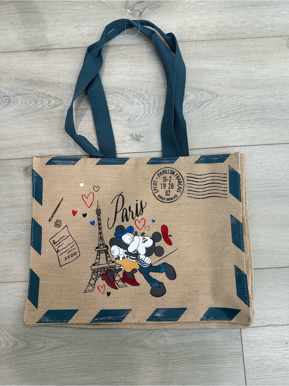 Disney Tan Canvas Paris Tote with Blue Straps and Red Accents